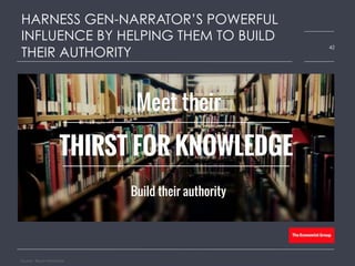 HARNESS GEN-NARRATOR’S POWERFUL
INFLUENCE BY HELPING THEM TO BUILD
THEIR AUTHORITY
Source: Bloom Worldwide
42
Meet their
Build their authority
THIRST FOR KNOWLEDGE
 