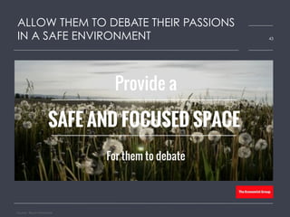 ALLOW THEM TO DEBATE THEIR PASSIONS
IN A SAFE ENVIRONMENT
Source: Bloom Worldwide
43
Provide a
For them to debate
SAFE AND FOCUSED SPACE
 