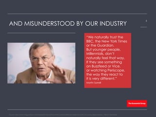 AND MISUNDERSTOOD BY OUR INDUSTRY
“We naturally trust the
BBC, the New York Times
or the Guardian.
But younger people,
Millennials, don’t
naturally feel that way.
If they see something
on Buzzfeed or Vice,
or watching Periscope,
the way they react to
it is very different.”
Martin Sorrell
Source: http://www.theguardian.com/media/2015/jun/29/sir-martin-sorrell-traditional-media-too-stuffy-for-young-digital-readers / Bloom Worldwide
5
 