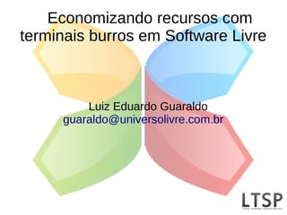 Economizando recursos com
terminais burros em Software Livre



         Luiz Eduardo Guaraldo
     guaraldo@universolivre.com.br
 