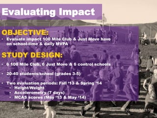 Evaluating Impact
OBJECTIVE:

• Evaluate impact 100 Mile Club & Just Move have
on school-time & daily MVPA

STUDY DESIGN:
• 6 100 Mile Club, 6 Just Move & 6 control schools
• 20-40 students/school (grades 3-5)
• Two evaluation periods: Fall ‘13 & Spring ’14
• Height/Weight
• Accelerometry (7 days)
• MCAS scores (May ‘13 & May ‘14)

 