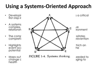 Using a Systems-Oriented Approach
• Developing an understanding of the whole system is a critical
first step in tackling the problem more effectively

• A systems perspective recognizes that a
complex, reciprocal, interdependent, and interactive
relationship exists between individuals and their environment
• The complex, multifaceted etiology of obesity necessitates
comprehensive systematic approaches to obesity prevention
• Highlights the importance of the circumstances in which an
event occurs (the context), in order to understand the
potential implementation and impact
• Maps out the processes and mechanisms that are needed to
change and alter the social relations that are damaging to
health

 