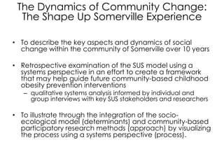 The Dynamics of Community Change:
The Shape Up Somerville Experience
• To describe the key aspects and dynamics of social
change within the community of Somerville over 10 years
• Retrospective examination of the SUS model using a
systems perspective in an effort to create a framework
that may help guide future community-based childhood
obesity prevention interventions
– qualitative systems analysis informed by individual and
group interviews with key SUS stakeholders and researchers

• To illustrate through the integration of the socioecological model (determinants) and community-based
participatory research methods (approach) by visualizing
the process using a systems perspective (process).

 
