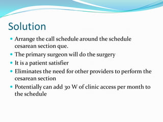 Solution
 Arrange the call schedule around the schedule
    cesarean section que.
   The primary surgeon will do the surgery
   It is a patient satisfier
   Eliminates the need for other providers to perform the
    cesarean section
   Potentially can add 30 W of clinic access per month to
    the schedule
 