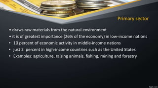 Primary sector
• draws raw materials from the natural environment
• it is of greatest importance (26% of the economy) in low-income nations
• 10 percent of economic activity in middle-income nations
• just 2 percent in high-income countries such as the United States
• Examples: agriculture, raising animals, fishing, mining and forestry
 