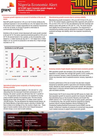 Economic growth improves on account of activities in the non-oil
sector
Real GDP growth improved to 1.8% y/y in Q3'18 driven wholly by the
continued expansion in non-oil activities to 2.3%, the highest since 2016.
The services sector is largely responsible for the sustained improvement
in the non-oil sector, on account of growth in information &
communication technology (ICT).
Activities in the oil sector remain depressed with weak growth recorded
in Q2 and Q3'18. The sector experienced declined growth to 2.9% y/y in
Q3'18, the second lowest in four quarters, as the oil production curve
sloped to 1.7 million barrels per day (Q3'17: 1.85 mbpd) from 2 million
mbpd in Q1'18. Current oil production is far below the 2 mbpd average
recorded in Q1'18.
© 2018 PwC. All rights reserved. In this document, PwC refers to PricewaterhouseCoopers Limited (a Nigerian limited liability company), which is a member firm of
PricewaterhouseCoopers International Limited, each member firm of which is a separate legal entity.
Contribution to real GDP growth
Source: NBS, PwC analysis
Nigeria Economic Alert
Q3'18 GDP report: Economic growth sluggish, as
recovery continues at a slow pace
17 December 2018
-1.5
-1.0
1.0
1.5
2.0
2.5
-10
-5.0
0.0
5.0
10.0
15.0
20.0
25.0
Q2'17 Q3'17 Q1'18 Q2'18 Q3'18
Non-Oil GDP Oil GDP Real GDP
Agricultural output grows marginally as flooding hampers
farming activities
Agricultural growth improved slightly to 1.9% Q/Q (Q2'18: 1.2%);
rebounding from the downward trend that commenced in Q2'17.
However, the sector's growth was still lower than Q3'17 growth of
3.1%. The agriculture sector continues to be impacted by varying
crises at distinct periods of its business cycle. This time around,
flooding across major farming belts in 10 states ruined crops for
100,000 farmers. This has dampened the ongoing harvest season, as
the Federal Ministry of Agriculture issued a warning in October that
there is likely to be shortage of rice, the country's staple crop. These
types of severe weather events will be more frequent because of
climate change, so we need to build resilience.
Manufacturing growth recovers due to currency stability
Manufacturing growth increased to 1.9% y/y in Q3'18 from 0.7% y/y in
Q2'18. The cement industry outperformed other segments with growth of
8% y/y from 3.9% in Q2'18. This was followed by the food, beverage and
tobacco sector with growth of 2.9% (Q2'18: 1.2%). The sector bounced
back slightly from its lowest drop in six quarters. The improvement in
manufacturing activities could be attributed to increased FX liquidity and
sustained exchange rate stability, which has impacted manufacturing
output.
Economy remains fragile despite improved macro-economic growth
With population growth rate averaging 2.6% annually, the country's
population is rising faster than average GDP growth in 2018, eroding any
gains in economic recovery. Lower oil production and crude prices
remain key downside risks to sustained economic recovery, especially in
2019.
Economic performance of the non-oil sector has also been marginal
hampered by lackluster growth in agriculture and industrial activities,
further affected by weak household consumption growth. We anticipate a
slight boost in consumer demand fueled by pre-election spending and
year-end festive activities.
Going forward, the FG has to ensure that real GDP grows at a faster rate
than population growth for economic growth to be inclusive. We believe
that intensifying focus on the Economic Recovery and Growth Plan
(ERGP) reforms in Q1'19 will improve non-oil sector growth, particularly
in manufacturing. Also, this growth should be supported by ongoing
business reforms including legislative reforms facilitated by the
Presidential Enabling Business Environment Council (PEBEC) and the
Senate. Furthermore, boosting oil production to normal level may provide
much-needed revenues to support macro-economic growth.
Andrew S Nevin (PhD)
Partner & Chief Economist
PwC Nigeria
andrew.x.nevin@pwc.com
Omomia Omosomi
Senior Industry Analyst
PwC Nigeria
omomia.omosomi@pwc.com
Contacts
 