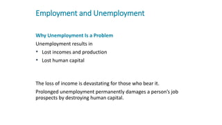 Employment and Unemployment
Why Unemployment Is a Problem
Unemployment results in
• Lost incomes and production
• Lost human capital
The loss of income is devastating for those who bear it.
Prolonged unemployment permanently damages a person’s job
prospects by destroying human capital.
 