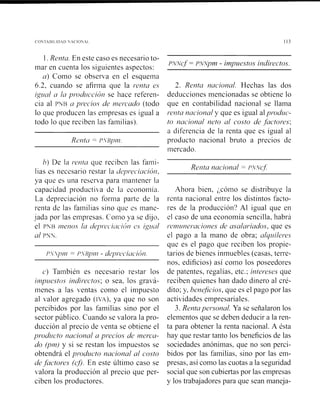 1 Rel~rcrEn este caso es necesario to-
P e f = P 1p11i- inipilesto, iildir.ecfo,
inar en cuenta los siguientes aspectos:
LI) Coino se obseria en el esquema
6 2, cuando se afirma que la r.eilrn es 2. Reiltcr i~crc1o/icrlHechas las dos
1g11t11( 1 / L / pr.ocízr~L 1011se hace referen- deducciones ~nencionadasse obtiene lo
cia al PKR tr prec.io.c (/e ~lieru'ntlo(todo que en contabilidad nacional se llaina
lo que producen las empresas es igual a r.t~r7tcr/it~'io/inly que es igual al pi-odzlc>-
todo lo que reciben las fainilias). to ~ I L I C ~ O ~ I C I /ileto crl costo de ,firctor.es:
a diferencia de la renta que es igual al
Rt~17tlr= P Bl117i prodiicto iiacional bruto a precios de
inercado.
h ) De In I-erlttrque recibei-i las fami-
Reilrtr iltrciol~nl= P  cf
lias es necesario restar In ( ~ ' ~ / I I Y C ~ L I L ' I ~ I I .
ya qiie es una resena para mantener In
capacidad producti a de 1'1 r.conomi,i Ahora bien. ,,cómo se distribu>e la
La depreciación no forma parte dc la renta nacional entre los distintos facto-
renta de las fainilias sino qiis es mane- res de la producción'? Al igual que en
jada por las empresas. C'oiiio ya se dijo. el caso de una economía sencilla. habri
el PNB 117erio.cle1 t l e ~ ~ i ~ ~ j ~ ~ i ~ r ~ ~ i í j r ie.. igziirl 1.c~r7ir1rler.trc~io11e.stle n.snlnr.ind(~.c.que es
al PSK, el pago a la mano de obra; crlqrii1er.e~
que es el pago que reciben los propie-
PYpin = P..Bpr71 - dc~j11*t~c>itrc*i(ji7.tarios de bienes ininuebles (casas, ten-e-
nos. edificios) así como los poseedores
c.) También es necesario restar los de patentes. regalías, etc.; il~ter.esesque
inlprrestos iilcíir.ecto.v; o sea. los gra.á- reciben quienes han dado dinero al cré-
menes a las  entas como el impuesto dito: y. heilefic~ro,,que es el pago por las
al  alor agregado (I A). ya que 110 so11 acti idades empresariales.
percibidos por las familias sino por el 3. Reiltcrpe~soilcrl.Ya se seiialaron los
sector público. Cuando se alora la pro- elementos que se deben deducir a la ren-
duccióil al precio de enta se obtiene el ta para obtener la renta nacional. A ésta
p o d ~ ~ c ~ r o11nc~loile11cr p1.ec'ios (le 111ercn- hay que restar tanto los beneficios de las
do /p111/ y si se restan los impuestos se sociedades anbniinas, que no son perci-
obtendrá el pr.odzlc~toilnciol~crlcrl costo bidos por las fainilias, sino por las em-
&,firctores Lf).En este últiino caso se presas, así corno las cuotas a la seguridad
.alora la producción al precio que per- social que son cubiertas por las empresas
ciben los productores. y los trabajadores para que sean maneja-
 