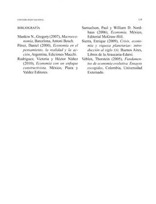 CONTABILIDAD NACIONAL 119
Mankiw N., Gregory (2007), Macroeco-
nomia, Barcelona, Antoni Bosch.
Pérez, Daniel (2000), Economía en el
pensamiento, la realidad y la ac-
ción, Argentina, Ediciones Macchi.
Rodríguez, Victoria y Héctor Núñez
(201O), Economía con un enfoque
constvuctivista, México, Plaza y
Valdez Editores.
Samuelson, Paul y William D. Nord-
haus (2006), Economía, México,
Editorial McGraw-Hill.
Sierra, Enrique (2009), Crisis, econo-
mía y riqueza planetavias: intro-
ducción al siglo m,Buenos Aires,
Libros de la Araucaria-Edarsi.
Veblen, Thorstein (2005), Fundamen-
tos de economía evolutiva. Ensayos
escogidos, Colombia, Universidad
Externado.
 