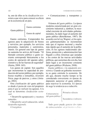 124 FUNDAMEUTOS DE ECONOMIA
ta, uno de ellos es la clasiJicación eco-
nómica que sirve para conocer su efecto
en la economía de un país.
Gastos corrientes
Gasto público
Gastos de capital
Gastos corrientes. Comprenden los
egresos para la adquisición de bienes
y servicios; por ejemplo, los servicios
personales, materiales y suministros,
interés. En general este tipo de gastos
no aumenta los activos del Estado. "El
llamado consumo phblico o gasto co-
rriente corresponde básicamente a los
costos de operación del aparato admi-
nistrativo y de las fuerzas de seguridad"
(Sierra, 2009: 165).
Los gastos de capital. Son aquellos
que incrementan la capacidad de pro-
ducción del sector público; por ejemplo,
bienes muebles e inmuebles, inversión
física, pago de pasivos, y otros (Arria-
ga, 2002).
Otra clasificación del gasto público
es desde el punto de vista del propósito
para el que se realicen los egresos. A la
cual se denomina clasificncion .secta-
~.ic~l:
Desarrollo agropecuario y recursos
naturales.
Desarrollo social (educación, salud.
drsai-rollo regional).
tnergetico.
Comunicaciones y transportes y
otros.
Volumen del gastopúblico. La época
moderna caracterizada por un gran cre-
cimiento industrial y, tambien, la nece-
sidad creciente de actividades guberna-
mentales, ha dado lugar al aumento del
gasto público (Retchkiman, 1987). De
acuerdo con la Ley Wagner: a) los egre-
sos gubernamentales se incrementan
más que el ingreso nacional y mucho
más rápido que el aumento de la pobla-
ción; b) los egresos tradicionales (de-
fensa, protección y administración) han
llegado a cifras inmensas que aunadas
a los costos de las nuevas actividades
públicas, que aumentan día con día, han
dado lugar a un incremento constante
del gasto público (Wickens, 2008).
Gastos pzíblicos y la e,xpansión eco-
nór7zica. Cuando un gobierno incremen-
ta su gasto estimula la economía. De
ahí que, durante mucho tiempo se ha
considerado conveniente en épocas de
depresión aumentar el gasto público.
para reactivar la economía. En épocas
de auge la tendencia es a reducirlo.
Priinaria o directa
C'onsec~iencias
del gasto público
Seciindaria o indii-ecta
Todo _«ntopuede gcnc'i-~iido tipos
ciC coii~.x~iic~icia~( / ) / ) ~ ~ ~ : ~ I , ~ I . I L Io .i :.(Y
 