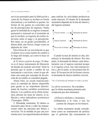 servicios prestados para la fabricación y
venta de los bienes se reciben en forma
discontinua y así también se gastan; las
fechas de los gastos no coinciden con
las de percepciones de ingresos. Nadie
gasta la totalidad de su ingreso semanal,
quincenal o mensual en el momento en
que lo reciben; se requiere de ciertos in-
tervalos entre el pago y la percepción.
Por tanto, en un grado considerable, el
dinero debe, por fuerza, fungir como un
depósito de valor.
Otra forma de ver esta función es que
el dinero sirve como medio de cambio a
lo largo del tiempo, así como lo hace en
el presente.
d) El dineropatrón de yugo. El dine-
ro es el único instrumento de liberación
de deudas de carácter universal. Tanto la
persona que lo recibe a cambio de sus
mercancías o servicios, como la que ob-
tiene una suma por concepto de devolu-
ción de un crédito se considera pagada.
Ahora bien, en escala macroeconó-
mica la cantidad de dinero disponible
para gastar es un importante deterrni-
nante de muchas variables económicas
básicas. Los cambios en la oferta mone-
taria afectan las tasas de interés, la in-
flación y otros indicadores econóinicos
(Tymoigne, 2009).
2. Demanda monetaria. El dinero es
necesario para llevar a cabo las transac-
ciones entre las personas por bienes y
para realizar lar actividades productivas
serán mayores. El monto de la demanda
monetaria depende de la tasa de interés y
del ingreso nominal.
tTasa de interés --+ Demanda de dinero
1
Ingreso nomii~al + Demanda de dinero
T
tPrecio de los bienes -, Demanda de dinero
T
Cuando la tasa de interés es alta, dis-
minuye la demanda de dinero. Por otra
parte, la demanda de dinero varía direc-
tamente con el ingreso nominal porque
si el ingreso crece, hay más transaccio-
nes y, por lo tanto, se necesitará más di-
nero. Si los precios de los bienes crecen,
la demanda de dinero también crecerá.
7.6.1 CANTIDADDE DINERO EN CIRCULACIÓN
Lu oferta monetaria. Se considera
que la oferta monetaria primaria está
compuesta por dos elementos:
i) Efectivo (billetes y monedas).
ii) Depósitos a la vista, o sea, las
cuentas de cheques en los bancos.
La oferta monetaria puede conside-
servicios. En la medida en que una eco- rarse como un instrumento de política
nomía crece, los requerimientos de dinero que el gobierno fija exactamente en
 