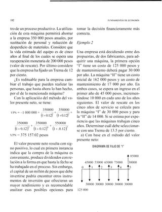 FUNDAMENTOS DE ECONOMIA
tro de un proceso productivo. La utiliza-
ción de esta máquina permitirá ahorrar
a la empresa 350 000 pesos anuales, por
sustitución de personal y reducción de
desperdicio de materiales. Considere que
la vida estimada del equipo es de cinco
años al final de los cuales se espera una
recuperación monetaria de 200 000 pesos
(valor de rescate). Por último considere
que la empresa ha fijado un Trema de 12
por ciento.
;Es redituable para la empresa cam-
biar el trabajo que pueden realizar las
personas, que hasta ahora lo han hecho,
por el de la mencionada máquina?
Con la aplicacióil del método del va-
lor presente neto, se tiene:
VPN = 375 157.02 pesos
El valor presente neto resulta con sig-
no positivo, lo cual en primera instancia
indica que la compra de la máquina es
conveniente, produce dividendos con re-
lación a la forma en que hasta la fecha se
ha trabajado en el proceso. Sin embargo,
el capital de un millón de pesos que debe
invertirse podría encontrar otros instru-
mentos de inversión que ofrecieran un
mayor rendimiento y es recomendable
analizar esas posibles opciones para
tomar la decisión financieramente más
correcta.
Ejemplo 2
Una empresa está decidiendo entre dos
propuestas, de dos fabricantes, para ad-
quirir una máquina, la primera opción
"1" tiene un costo de 125 000 pesos y
de mantenimiento deberá pagar 30 000
por año. La niáquina "11" tiene un costo
inicial de 162 000 pesos y un costo de
mantenimiento de 17 000 por año. En
ambos casos, se espera un ingreso en el
primer año de 45 000 pesos, increnien-
tándose 10 000 en cada uno de los años
siguientes. El valor de rescate en los
cinco años de servicio se calcula para
la máquina "1" de 30 000 pesos y para
la "11" de 14 000. Si se estima por expe-
riencia que las máquinas trabajan cinco
años. Determinar cuál debe seleccionar-
se con una Trema de 13.5 por ciento.
a) Con base en el método del valor
presente neto:
DIAGRAMA DE FUJO DE "1"
 