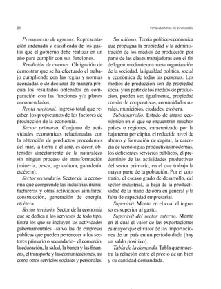 20 FUNDAMENTOS DE ECONOMIA
Presupuesto de egvesos. Representa-
ción ordenada y clasificada de los gas-
tos que el gobierno debe realizar en un
año para cumplir con sus funciones.
Rendición de cuentas. Obligación de
demostrar que se ha efectuado el traba-
jo cumpliendo con las reglas y normas
acordadas o de declarar de manera pre-
cisa los resultados obtenidos en com-
paración con las funciones y10 planes
encomendados.
Renta nacional. Ingreso total que re-
ciben los propietarios de los factores de
producción de la economía.
Sector primario. Conjunto de acti-
vidades económicas relacionadas con
la obtención de productos procedentes
del mar, la tierra o el aire, es decir, ob-
tenidos directamente de la naturaleza
sin ningún proceso de transformación
(minería, pesca, agricultura, ganadería,
etcétera).
Sector secundario. Sector de la econo-
mía que comprende las industrias manu-
factureras y otras actividades similares:
construcción, generación de energía,
etcétera.
Sector terciario. Sector de la economía
que se dedica a los servicios de todo tipo.
Entre los que se incluyen las actividades
gubernamentales -salvo las de empresas
públicas que pueden pertenecer a los sec-
tores primario o secundari- el comercio,
la educación,la salud, labanca y las finan-
zas, eltransportey las comunicaciones,así
como otros servicios socialesy personales.
Socialismo. Teoría político-económica
que propugna la propiedad y la adminis-
tración de los medios de producción por
parte de las clases trabajadoras con el fin
delograr,medianteunanuevaorganización
de la sociedad, la igualdad política, social
y económica de todas las personas. Los
medios de producción son de propiedad
socialy un parte de los medios de produc-
ción, pueden ser, igualmente, propiedad
común de cooperativas, comunidades ru-
rales, municipios, ciudades,etcétera.
Subdesarrollo. Estado de atraso eco-
nómico en el que se encuentran muchos
países o regiones, caracterizado por la
baja renta per cápita, el reducido nivel de
ahorro y formación de capital, la caren-
cia de tecnologías productivas modernas,
los deficientes servicios públicos, el pre-
dominio de las actividades productivas
del sector primario, en el que trabaja la
mayor parte de la población. Por el con-
trario, el escaso grado de desarrollo, del
sector industrial, la baja de la producti-
vidad de la mano de obra en general y la
falta de capacidad empresarial.
Superávit. Monto en el cual el ingre-
so es superior al gasto.
Superávit del sector externo. Monto
en el cual el valor de las exportaciones
es mayor que el valor de las importacio-
nes de un país en un periodo dado (hay
un saldo positivo).
Tablade la demanda. Tabla que mues-
tra la relación entre el precio de un bien
y su cantidad demandada.
 