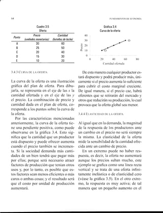 Cuadro 3.5
Oferta
Gráfica 3.4
Curva de la oferta
La curva de la oferta es una ilustracióii
~ráficadel plan de oferta. Para dibu-
jarla, se represeiita en el eje de las s la
cantidad ofertada y en el eje de las 1.
el precio. La combinación de precio y
cantidad dada en el plan de oferta, co-
rresponde a los puntos sobre la curva de
la oferta.
Por las características meiicionadas
aiiterioi~nente,la curva de la oferta tie-
ne una pendiente positiva, como puede
observarse en la gráfica 3.3. Esto sig-
nifica que la cantidad que u i ~productor
está dispuesto y puede ofrecer aumenta
cuando el precio tarnbién se incremen-
ta. Si la sociedad demanda más canti-
dades de un bien tendrá que pagar más
por ellas: porque será necesario atraer
factores de producción que tenían otros
usos y, por lo tanto. es posible que es-
tos factores sean menos eficientes o más
caros o ambas cosas; y el resultado será
que el costo por unidad de producción
aumentará.
De esta inaiiera cualquier productor es-
tará dispuesto y podrá producir más, úni-
canlente si el precio aumenta lo suficieilte
para cubrir el costo rnargirial creciente.
De igual manera. si el precio cae, habrá
oferentes que se retirarán del mercado y
otros que reducirán su producción. lo cual
provoca que la oferta global sea menor.
Al igual que en la demanda, la magnitud
de la respuesta de los productores ante
un carnbio en el precio no será siempre
la misma. La elasticidad de la oferta
mide la sensibilidad de la cantidad ofre-
cida ante un cambio de precio.
En un extremo puede no haber res-
puesta, es decir, la oferta no aumentará
aunque los precios subaii rnucho, este
ejemplo se grafica como una líiiea recta
vertical y se trata de una oferta infiiii-
tamente inelástica o de elasticidad cero
(véase la gráfica 3.5). En el otro extre-
mo, la respuesta es muy activa; de tal
manera que un pequeño aumento en el
 