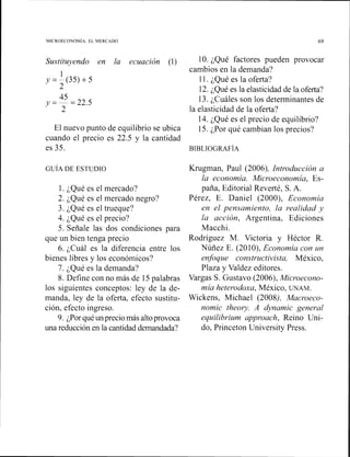 Sustituyendo en la ecuación (1) 10. ¿Qué factores pueden provocar
1
cambios en la demanda?
y=-(35)+5 11. ¿Qué es la oferta?
2 12. ¿Qué es la elasticidadde la oferta?
45
y =-= 22.5 13.¿Cuáles son los determinantes de
2 la elasticidad de la oferta?
14. ¿Qué es el precio de equilibrio?
El nuevo punto de equilibrio se ubica 15. ¿Por qué cambian los precios?
cuando el precio es 22.5 y la cantidad
es 35. BIBLIOGRAFIA
1. ¿Qué es el mercado?
2. ¿Qué es el mercado negro?
3. ¿Qué es el trueque?
4. ¿Qué es el precio?
5. Señale las dos condiciones para
que un bien tenga precio
6. ¿Cuál es la diferencia entre los
bienes libres y los económicos?
7. ¿Qué es la demanda?
8. Define con no más de 15palabras
los siguientes conceptos: ley de la de-
manda, ley de la oferta, efecto sustitu-
ción, efecto ingreso.
9. ¿Porquéunpreciomásaltoprovoca
una reducción en la cantidaddemandada?
Krugman, Paul (2006). Introducción a
la economía. Microeconomia, Es-
paña, Editorial Reverté, S. A.
Pérez, E. Daniel (2000), Econornía
en el pensamiento, la realidad y
la acción, Argentina, Ediciones
Macchi.
Rodríguez M. Victoria y Héctor R.
Núñez E. (201O), Economía con un
enfoque constructivista, México,
Plaza y Valdez editores.
Vargas S. Gustavo (2006), Microecono-
mia heterodoxa, México, UNAM.
Wickens, Michael (2008), Macroeco-
nomic theov. A dynamic general
equilibrium approach, Reino Uni-
do, Priiiceton University Press.
 