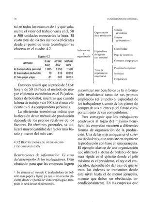76 FUNDAMENTOS DE ECONOM~A
tal en todos los casos es de 1 y que sola-
mente el valor del trabajo varía en 5, 50
o 500 unidades monetarias la hora. El
costo total de los tres métodos eficientes
desde el punto de vista tecnológico2se
observa en el cuadro 4.2
Cuadro 4.2
Métodos
~ U M /50UM/ 500UM/
hora hora hora
A) Computadora personal 1 005 1 050 1 500
B) Calculadora de bolsillo 70 610 6010
C) Sólo papel y lápiz 81 801 8 O01
Entonces resulta que al precio de 5 UM/
hora y de 50 u~/ilorael método de ma-
yor eficiencia económica es el B (calcu-
ladora de bolsillo); mientras que cuando
la hora de trabajo vale 500 UM el más efi-
ciente es el A (computadora personal).
La eficiencia económica indica que
la elección de un método de producción
depende de los precios relativos de los
factores. En términos generales, se uti-
lizará mayor cantidad del factor más ba-
rato y menor del más caro.
Restricciones de inforrnación. El caso
del desempeño de los trabajadores.Otro
obstáculo para que las empresas logren
I
Sistema
Organización de ordenes
de la producción
Sistema
de incentivos
Copropiedad
Y del agente Pago de incentivos
I ( Contratos a largo plazo
maximizar sus beneficios es la informa-
ción insuficiente tanto de sus propios
empleados (el empeño y capacidad de
los trabajadores), como de los planes de
compra de sus clientes y del futuro com-
portamiento de sus competidores.
Para conseguir que los trabajadores
coadyuven al logro del máximo bene-
ficio las empresas recurren a diferentes
formas de organización de la produc-
ción. Una de las más antiguas es el siste-
ma de órdenes,que consiste en organizar
la producción con base en unajerarquía.
El ejemplo clásico de una organización
que utiliza el sistema de órdenes de ma-
nera rígida es el ejército donde el jefe
máximo es el presidente, el rey o el em-
perador, dependiendo del país de que se
trate, las órdenes se transmiten desde
Se elimina el método C (calculadora de bol-
este nivel hasta el de menor jerarquía,
sillo más papel y lápiz) ya que si no resultó efi-
ciente desde el punto de vista tecnológico tam- mismas que deben ser in-
poco lo será desde el económico. condicionalmente. En las empresas que
 