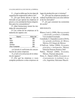 UN ACERCAMIENTO AL ESTUDIO DE LA EMPRESA 87
11. LAqué se debe que los tres tipos de
organización empresarial sobrevivan?
12. ¿En qué forma afecta el tipo de
mercado en que operan las empresas al
precio y a la cantidad de bienes disponi-
bles para los consumidores?
13. ¿Qué limitaciones tienen las me-
didas de concentración?
14. Las ventas de las empresas en la
industria de zapatos son:
Empresa Ventas /UM)
Nike 450
Puma 325
Adidas 250
Converse 200
Otras 15 empresas 800
a) Calcula el coeficiente de concen-
tración de cuatro empresas.
h) ;Cuál es la estructura de la indus-
tria de zapatos?
15. ¿Por qué las empresas a veces
compran productos a otras eimpresas en
lugar de producirlos por sí mismas?
16. ¿Por qué las empresas pueden co-
ordinar la producción a un costo inferior
al de los mercados?
17. ¿En qué consisten las economías
de escala?
Blanco, LuisA. (1999), Macroeconomia
y desarrollo económico, Colombia,
Universidad Externado.
Castañeda, S.Alejandro (coord.)(201O),
Los grandes problemas de México,
México, El Colegio de México.
O'Sullivan, Arthur (2004), Economía,
principios e in,vtrumentos, México,
Editorial Pearson Prentice Hall.
Parkin, Michael (2004), Econornía,
México, Pearson educación.
Pérez, E., Daniel (2000), Economía en
elpen.varniento, la realidad y la ac-
ción, Argentina, Ediciones Macchi.
 