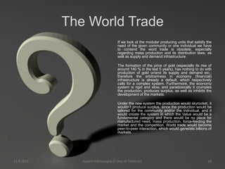 The World Trade
                                    If we look at the modular producing units that satisfy the
                                    need of the given community or one individual we have
                                    to contend the word trade is obsolete, especially
                                    regarding mass production and its distribution laws, as
                                    well as supply and demand infrastructure.

                                    The formation of the price of gold (especially its rise of
                                    around 140 % in the last 5 years), has nothing to do with
                                    production of gold or/and its supply and demand etc.;
                                    therefore the arbitrariness in economy (financial)
                                    infrastructure is already a default, which respectively
                                    calls for a complex system. Furthermore, the economy
                                    system is rigid and slow, and paradoxically it crumples
                                    the production, produces surplus, as well as inhibits the
                                    development of the markets.

                                    Under the new system the production would skyrocket, it
                                    wouldn’t produce surplus, since the production would be
                                    tailored for the community and/or the individual, and it
                                    would create the system in which the Value would be a
                                    fundamental category and there would be no place for
                                    manufactured need, mass production, force-feeding the
                                    market and the competition. World trade would become
                                    peer-to-peer interaction, which would generate billions of
                                    markets.




11.9.2012      System Cornucopia // One of Three LLC                                       18
 