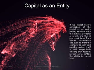 Capital as an Entity


                                                        If we accept Marx’s
                                                        perception of the
                                                        capital as an entity
                                                        per se, we could state
                                                        that it has a property
                                                        of a will, and that it
                                                        can break loose from
                                                        historic materialism
                                                        and even so from the
                                                        economy as such as it
                                                        could actualized itself
                                                        at will, respectively
                                                        creating own realities
                                                        as well as to contain
                                                        the ability to cancel
                                                        itself.


11.9.2012       System Cornucopia // One of Three LLC                      6
 