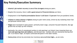 regional
impact
+
local
relevance
+
Key Points/Executive Summary
• Atlanta’s job market recovery is one of the strongest among our peers.
• Despite this recovery, there is still a good amount of financial distress out there.
• Employment in the Food/Accommodation Sector is still down 13 percent from pre-pandemic levels.
• Inflation in metro Atlanta is highest among its peer metro areas, driven by sky-rocketing motor fuel
and personal vehicle costs.
• Wages have increased in some sectors—primarily lower-wage, consumer-focused industries. But age
growth has not kept up with inflation.
• Nationally, the ratio of unemployed workers to job openings is at historic lows (meaning there are
more job openings than job seekers), and the quit rate - workers who are voluntarily leaving their
job- is at historic highs. So expect continued disruption in the labor market.
• Home prices (driven by extremely low inventory) are at all-time highs….as are rents.
 