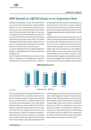 ECONOMY MATTERS 12
DOMESTIC TRENDS
GDP growth decelerated to 7.0 per cent in 1QFY16 from
7.5 per cent in the previous quarter, albeit tad higher
than the 6.7 per cent posted same period last year.
However, on gross value added (GVA at basic prices)
basis, the first quarter print came higher at 7.1 per cent
as compared to 6.1 per cent in the previous quarter. The
nominal GDP and GVA at current market price showed a
steep decline in the quarter under review. The nominal
GDP slipped to 8.8 per cent in the first quarter from 13.4
per cent a year ago while the GVA growth rate nearly
halved to 7.1 per cent from 14 per cent last year.
It is worth noting that, GDP has undergone significant
changes in methodology and the base year has been
changed as well.
We at CII feel that the GDP growth at 7 per cent in the
1QFY16 is “impressive”, as it is higher than 6.7 per cent
experienced in the same period last year. It bolsters
On the supply side, agriculture growth improved to 1.9
per cent in 1QFY16 from a contraction to the tune of 1.4
per cent in previous quarter. However, these are early
days yet and full impact of a deficient monsoon will
be felt only in the second quarter. As per IMD, rainfall
deficiency stands at 12 per cent below the LPA till mid-
August. Industry GDP too grew a higher pace of 6.5 per
cent in the 1QFY16 as compared to 5.6 per cent in the
previous quarter. Growth in its sub-sector, manufactur-
ing however, came in lower at 7.2 per cent as compared
to 8.4 per cent a quarter ago. Higher interest rates have
had an adverse impact on the growth potential of the
the perception that the economy is showing signs of a
turnaround and is on the road to recovery. Going for-
ward, we expect some pick-up in investments as the im-
pact of measures taken by the government towards de-
clogging the project pipeline would be visible in months
ahead.
Looking ahead, the macro-economic prospects for the
Indian economy have improved considerably in the last
few months. GDP is estimated to inch up to 7.8 per cent
in FY16. There are a number of factors that can be at-
tributed to the initial signs of recovery in the economy.
Global crude oil prices remains low, thus helping to
partially offset the major stress points in the economy
namely inflation and twin deficits. To top it, a multi-
dimensional reform agenda enunciated by the govern-
ment has also reignited the ‘feel good’ factor which in
turn has raised the business prospects of the economy.
manufacturing sector. Electricity sector growth contin-
ued to remain sluggish on account of the stressed con-
ditions of state electricity boards as well as the diver-
gence between capacity and generation. GVA growth
in heavy weight services sector came in a tad lower at
8.9 per cent in 1QFY16 as compared to 9.2 per cent in
the previous quarter. The trade, hotels component of
services sector continued to remain on a robust footing
and clocked 12.8 per cent growth in the second quar-
ter of the current fiscal, which indicates consumption
based activity, may indeed have turned a corner.
GDP Growth in 1QFY16 Grows at an Impressive Rate
 
