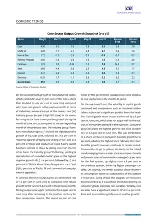 15
DOMESTIC TRENDS
JULY-AUGUST 2015
On the sectoral front, growth of manufacturing sector,
which constitutes over 75 per cent of the index, more
than doubled to 4.6 per cent in June 2015 compared
with 2 per cent growth in the previous month. In terms
of industries, sixteen (16) out of the twenty two (22)
industry groups (as per 2-digit NIC-2004) in the manu-
facturing sector have shown positive growth during the
month of June 2015 as compared to the corresponding
month of the previous year. The industry group ‘Furni-
ture; manufacturing n.e.c.’ showed the highest positive
growth of 83.7 per cent, followed by 27.6 per cent in
‘Wearing apparel; dressing and dyeing of fur’ and 21.0
per cent in ‘Wood and products of wood & cork except
furniture; articles of straw & plating material’. On the
other hand, the industry group ‘Publishing, printing &
reproduction of recorded media’ grew at the highest
negative growth of (-) 11.4 per cent, followed by (-) 10.0
per cent in ‘Electrical machinery & apparatus n.e.c.’ and
(-) 8.7 per cent in ‘Radio, TV and communication equip-
ment & apparatus’.
In contrast, electricity output grew at a diminished rate
of 1.3 per cent in June 2015 as compared with robust
growth to the tune of 6 per cent in the previous month.
Mining output once again contracted by 0.3 per cent in
June 2015 after remaining in the positive territory for
four consecutive months. The recent auction of coal
mines by the government could provide some impetus
to coal production in the months to come.
On the use-based front, the volatility in capital goods
continued and components such as insulated rubber
cables subtracted a significant portion from the head-
line. Capital goods sector output contracted by 3.6 per
cent in June 2015, which does not augur well for the out-
look of investment demand in the economy. Consumer
goods recorded the highest growth rate since October
2012 at 6.6 per cent in June 2015. This was attributable
to a sharp increase in consumer durables growth to 16
per cent, which is the highest since February 2011. Non-
durables growth however, continues to remain muted.
Consumption is yet to pick-up decisively as the mixed
trend emerging from car sales data also shows. Growth
in domestic sales of automobiles averaged 1.3 per cent
for the first quarter, up slightly from 0.6 per cent in
the previous quarter, driven by higher passenger car
sales. On balance, we remain cautious about recovery
in consumption sector as sustainability of this outturn
is important. Going ahead, the progress of monsoons
becomes critical as it would have immediate bearing on
consumer goods especially non-durables. Notably, non
durables have a significant share in IIP at 21.4 per cent.
Basic and intermediate goods posted positive growth.
 