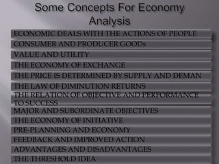 PHYSICAL AND ECONOMIC LAWSECONOMIC DEALS WITH THE ACTIONS OF PEOPLE
CONSUMER AND PRODUCER GOODs
VALUE AND UTILITY
THE ECONOMY OF EXCHANGE
THE PRICE IS DETERMINED BY SUPPLY AND DEMAN
THE LAW OF DIMINUTION RETURNS
THE RELATION OF OBJECTIVE AND PERFORMANCE
TO SUCCESS
MAJOR AND SUBORDINATE OBJECTIVES
THE ECONOMY OF INITIATIVE
PRE-PLANNING AND ECONOMY
FEEDBACK AND IMPROVED ACTION
ADVANTAGES AND DISADVANTAGES
THE THRESHOLD IDEA
 