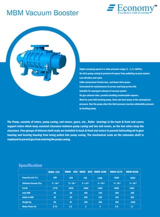TM
EconomyExcellence with Economy
MBM Vacuum Booster
Speciﬁcation
Higher pumping speed in a wide pressure range (1 - 1.3 x 102Pa)
No oil in pump casing to prevent oil vapour from polluting vacuum system
Low vibration and noise
Little mechanical friction loss, and lower drive power
Convenient for maintenance & service and long service life
Suitable for emergent exhaust of vacuum system
No gas exhaust valve, permits handling condensable vapours.
Must be used with backing pump. Does not start pump at the atmospheric
pressure. Run the pump when the inlet pressure reaches admissible pressure
by backing pump.
The Pump, consists of rotors, pump casing, end covers, gears, etc., Roller bearings in the back & front end covers
support rotors which keep constant clearance between pump casing and two end covers, as the two rotors keep the
clearance .Four groups of internal shaft seals are installed in back & front end covers to prevent lubricating oil in gear
housing and bearing housing from being pulled into pump casing. The mechanical seals on the extension shaft is
employedtopreventgasfromenteringthepumpcasing.
MBM- 210 MBM- 400 MBM- 890 MBM-1680 MBM-3370 MBM-8200
Capacity (m3/hr ) 180 330 740 1400 2800 6830
Ultimate Vacuum (Pa) 5 × 10-² 5 × 10-² 5 × 10-² 5 × 10-² 5 × 10-² 5 × 10-²
R.P.M 2770 2870 2900 1450 2900 1450
Inlet MM 50 80 100 150 200 300
Outlet in MM 40 50 100 150 150 300
Weight Kg 60 87 198 490 495 1550
Motor Power Kw 0.75 1.5 3 4 5.5 11
 