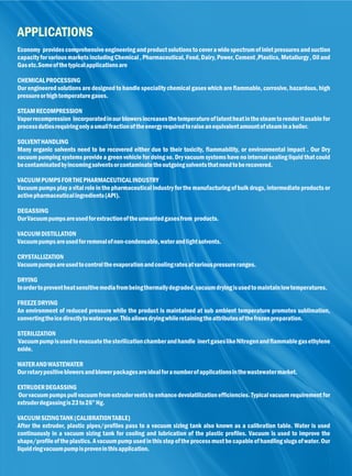 APPLICATIONS
Economy providescomprehensiveengineeringandproductsolutionstocoverawidespectrumofinletpressuresandsuction
capacityforvariousmarketsincludingChemical,Pharmaceutical,Food,Dairy,Power,Cement,Plastics,Metallurgy,Oiland
Gasetc.Someofthetypicalapplicationsare
CHEMICALPROCESSING
Our engineered solutions are designed to handle speciality chemical gases which are ﬂammable, corrosive, hazardous, high
pressureorhightemperaturegases.
STEAMRECOMPRESSION
Vaporrecompression incorporatedinourblowersincreasesthetemperatureoflatentheatinthesteamtorenderitusablefor
processdutiesrequiringonlyasmallfractionoftheenergyrequiredtoraiseanequivalentamountofsteaminaboiler.
SOLVENTHANDLING
Many organic solvents need to be recovered either due to their toxicity, ﬂammability, or environmental impact . Our Dry
vacuum pumping systems provide a green vehicle for doing so. Dry vacuum systems have no internal sealing liquid that could
becontaminatedbyincomingsolventsorcontaminatetheoutgoingsolventsthatneedtoberecovered.
VACUUMPUMPSFORTHEPHARMACEUTICALINDUSTRY
Vacuum pumps play a vital role in the pharmaceutical industry for the manufacturingof bulk drugs, intermediate productsor
activepharmaceuticalingredients(API).
DEGASSING
OurVacuumpumpsareusedforextractionoftheunwantedgasesfrom products.
VACUUMDISTILLATION
Vacuumpumpsareusedforremovalofnon-condensable,waterandlightsolvents.
CRYSTALLIZATION
Vacuumpumpsareusedtocontroltheevaporationandcoolingratesatvariouspressureranges.
DRYING
Inordertopreventheatsensitivemediafrombeingthermallydegraded,vacuumdryingisusedtomaintainlowtemperatures.
FREEZEDRYING
An environment of reduced pressure while the product is maintained at sub ambient temperature promotes sublimation,
convertingtheicedirectlytowatervapor.Thisallowsdryingwhileretainingtheattributesofthefrozenpreparation.
STERILIZATION
Vacuumpumpisusedtoevacuatethesterilizationchamberandhandle inertgaseslikeNitrogenandﬂammablegasethylene
oxide.
WATERANDWASTEWATER
Ourrotarypositiveblowersandblowerpackagesareidealforanumberofapplicationsinthewastewatermarket.
EXTRUDERDEGASSING
Ourvacuumpumpspullvacuumfromextruderventstoenhancedevolatilizationefﬁciencies.Typicalvacuumrequirementfor
extruderdegassingis23to26”Hg.
VACUUMSIZINGTANK(CALIBRATIONTABLE)
After the extruder, plastic pipes/proﬁles pass to a vacuum sizing tank also known as a calibration table. Water is used
continuously in a vacuum sizing tank for cooling and lubrication of the plastic proﬁles. Vacuum is used to improve the
shape/proﬁleoftheplastics.Avacuumpumpusedinthisstepoftheprocessmustbecapableofhandlingslugsofwater.Our
liquidringvacuumpumpisproveninthisapplication.
 