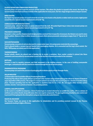 PLASTICRESINSANDCOMPOUNDSPRODUCTION
Vacuum pumps are used to pull the pressure off the reactors. This allows the plastic to expand in the vessel. Our liquid ring
vacuumpumpshavebeenusedsuccessfullyinthisapplicationformanyyears.Ourtwo-stagedesignachievesdeepervacuum.
WIRECOATING
Ourliquidringvacuumpumpsareusedtodrawtheairinthecrossheadssotheplasticorrubbermeltcancreateatightjacket
aroundthewire.Typicalvacuumrequirementis23to26”Hg.
CORRUGATEDPIPEMANUFACTURING
A vacuum pump extracts the fumes or gases released from the melt. Oil sealed liquid ring or rotary vane vacuum pumps are
oftenusedinthisapplication.Typicalvacuumrequirementis21to24”Hg.
PNEUMATICCONVEYING
Economy’srotarypositivedisplacementdesignprovidesconstantﬂowirrespectiveofpressure.Ourblowersareusedto move
plasticpellets,ﬂakesorchipsineithervacuumorpressuredilutephasepneumaticconveyinginrangesfrom17”Hgvacto15
PSIG.
VACUUMPACKAGING
Vacuumpumpsevacuateairandarealsousedtoremovewatervapor,fatandgranularmaterialslikeseasonings.
Food is placed inside a vacuum bag and loaded into a packaging chamber. Air is evacuated and the bag is heat-sealed. Our
WVS/WVBpumpsarewidelyusedforthisapplication.
THERMOFORMING
Heated plastic sheets are placed over a forming die to create a container. Once cooled, product is placed into these
containersandevacuationbyvacuumpumpisusedasthetopﬁlmisheatedandsealedtothecontainer.
BOTTLING
Vacuum is used to equalize pressure and ﬂuid movement in the bottling process. In the case of bottling consumable
beverages,contaminantswillalsoneedtoberemovedthroughtheuseofvacuumpumps.
PHARMACEUTICALPACKAGING
VacuumpumpsareusedintheprocessofpackagingpillsinblisterpacksorPush-Through-Packs.
SOLARINDUSTRY
1stGenerationCell(CrystallineSilicon)ProducingPolysilicon
Producing Poly silicon Solar grade silicon is produced in the reactors using metallurgical grade silicon by means of chemical
vapordeposition(CVD)process.Theusageofavacuumsystemistoevacuatethereactorspriortoachemicalreactiontaking
place. Vacuum operating level for this application is anywhere from 0.5 to 1 Torr. We can supply either booster/piston
systems,booster/vanesystemsorbooster/drypumpingsystems.
LANDFILLGASAPPLICATIONS
As the waste in a landﬁll decomposes, a form of natural gas is created referred to as Landﬁll Gas, (LFG). LFG is a mixture of
methaneandcarbondioxidealongwithsomeothernon-organiccompounds.Thegasisgatheredprimarilyforodorcontroland
topreventitfromgoingintotheatmosphereusingourmechanicallysealedblowers
WASTEOILRECOVERY
Our Vacuum Pumps are proven in this application for dehydration and for providing constant vacuum to the Process
equipmentsleadingtohigherefﬁciency.
 