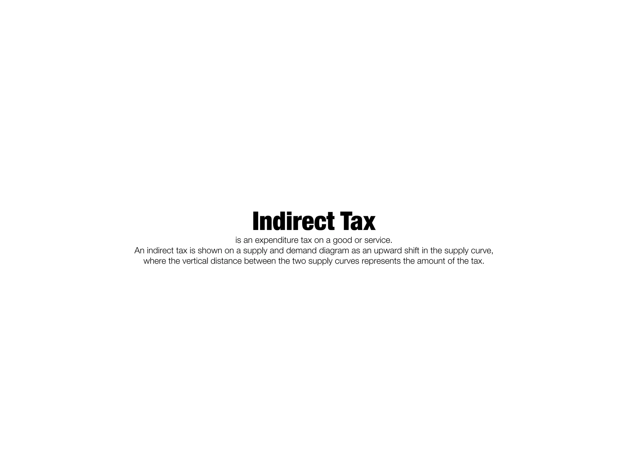 Indirect Tax
                            is an expenditure tax on a good or service.
An indirect tax is shown on a supply and demand diagram as an upward shift in the supply curve,
  where the vertical distance between the two supply curves represents the amount of the tax.
 