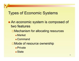 Types of Economic Systems

 Aneconomic system is composed of
 two features
   echanism
  M            for allocating resources
    Market

    Command

   ode
  M       of resource ownership
    Private

    State
 
