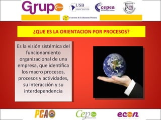 ¿QUE ES LA ORIENTACION POR PROCESOS? Es la visión sistémica del funcionamiento organizacional de una empresa, que identifica los macro procesos, procesos y actividades, su interacción y su interdependencia 