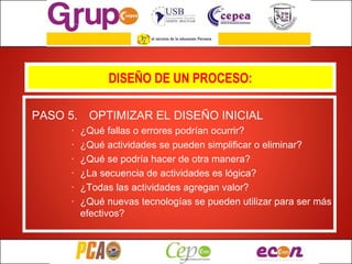 PASO 5. OPTIMIZAR EL DISEÑO INICIAL ¿Qué fallas o errores podrían ocurrir? ¿Qué actividades se pueden simplificar o eliminar? ¿Qué se podría hacer de otra manera? ¿La secuencia de actividades es lógica? ¿Todas las actividades agregan valor? ¿Qué nuevas tecnologías se pueden utilizar para ser más efectivos? DISEÑO DE UN PROCESO: 