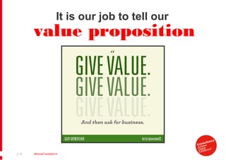 It is our job to tell our

value proposition

| 10

#SocialTrends2014

*

 