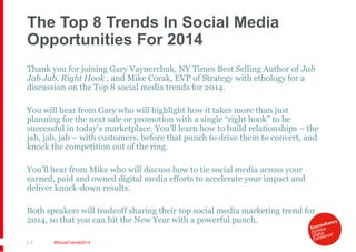The Top 8 Trends In Social Media
Opportunities For 2014
Thank you for joining Gary Vaynerchuk, NY Times Best Selling Autho...
