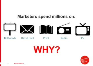 Marketers spend millions on:

Billboards

Direct mail

Print

WHY?
| 7

#SocialTrends2014

Radio

TV

 