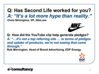 Q: Has Second Life worked for you? A: “It’s a lot more hype than reality.” Chris Shimojima, VP, Nike.om Q:   How did the Y...