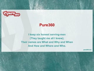 Pure360 

      I keep six honest serving­men 
        (They taught me all I knew); 
Their names are What and Why and When 
      And How and Where and Who.
 