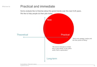 Econsultancy: What we’re about
A guide for all of us 18
Practical and immediateWhat we do
Some analysts like to theorise about the grand trends over the next 5-25 years.
We like to help people do their jobs today.
PracticalTheoretical
Long-term
Now
“We tend to forecast no further
than a year ahead. In the online
world, that’s a generation.”
“We’re into strategy, tactics and
the finer points of doing.”
 