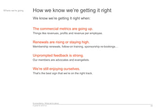 Econsultancy: What we’re about
A guide for all of us
We know we’re getting It right when:
The commercial metrics are going up.
Things like revenues, profits and revenue per employee.
Renewals are rising or staying high.
Membership renewals, follow-on training, sponsorship re-bookings…
Unprompted feedback is strong.
Our members are advocates and evangelists.
We’re still enjoying ourselves.
That’s the best sign that we’re on the right track.
45
Where we’re going How we know we’re getting it right
 