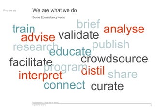 Econsultancy: What we’re about
A guide for all of us 6
We are what we doWho we are
Some Econsultancy verbs
educate
publish
curate
interpret
research
analysetrain
connect
facilitate
validate
crowdsource
sharedistilprogram
advise
brief
 