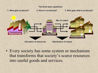 Every society has some system or mechanism that transforms that society’s scarce resources into useful goods and services. 