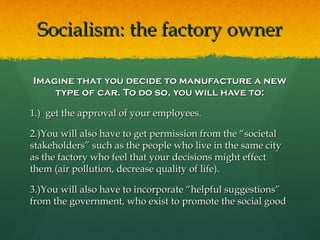 Socialism: the factory owner

Imagine that you decide to manufacture a new
    type of car. To do so, you will have to:

1.) get the approval of your employees.

2.)You will also have to get permission from the “societal
stakeholders” such as the people who live in the same city
as the factory who feel that your decisions might effect
them (air pollution, decrease quality of life).

3.)You will also have to incorporate “helpful suggestions”
from the government, who exist to promote the social good
 