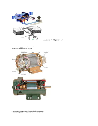 structure of AC generator 
Structure of Electric motor 
Electromagnetic induction in transformer 
 