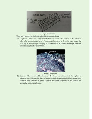 Fig 4 Escarpment
There are a number of similar erosional features as follows:
a) Hogbacks - These are sharp crested often saw tooth ridge formed of the upturned
edge of a resistant rock layer of sandstone, limestone or lava. In these cases, the
beds dip at a high angle, roughly in excess of 45, so that the dip slope becomes
almost as steep as the escarpment.
Fig 4.a Hogbacks
b) Cuestas - These erosional landforms are developed on resistant strata having low to
moderate dip. This has the shape of an asymmetric low ridge or hill belt with a steep
scarp on one side and a gentle slope on the other. Majority of the cuestas are
associated with coastal plains.
 