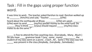 Task : Fill in the gaps using proper function
word.
It was time to work . The teacher asked Darshan to read. Darshan walked up
to ________ (him/his) and said, “Teacher , ________(I/He)
heard about the earthquake at Bhooj. ________ (I/He) am upset. _______
(I/He) want to send _____ (my/his) pocket money to the relief fund. Do
______ (You/ I) think ____ (I/you) should request _____ (my/his) class-
mates to do the same ?”
_____ is free to attend the free coaching class. (Everybody , Many , Much )
Do you have ____ grammar book ? (any , some , many) __________ the
student of my class went on a picnic . ( Each , All , Some ) The class was full.
_____ was present in the class.(Anybody , Everybody , Somebody )
 