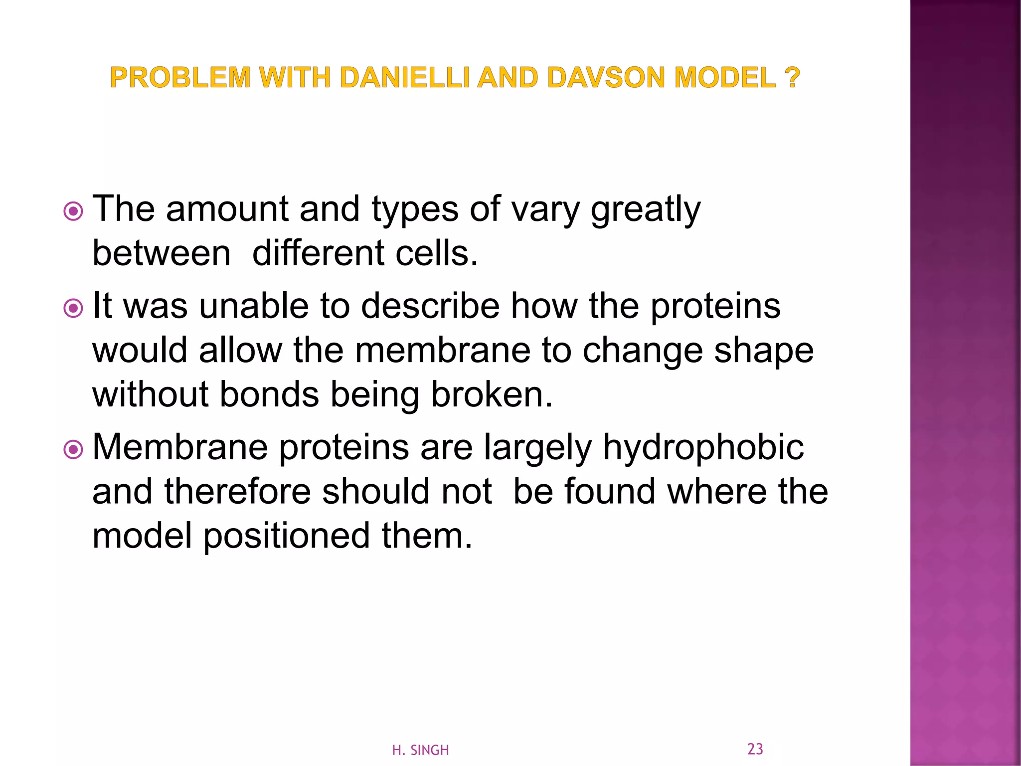  The amount and types of vary greatly
between different cells.
 It was unable to describe how the proteins
would allow the membrane to change shape
without bonds being broken.
 Membrane proteins are largely hydrophobic
and therefore should not be found where the
model positioned them.
23H. SINGH
 