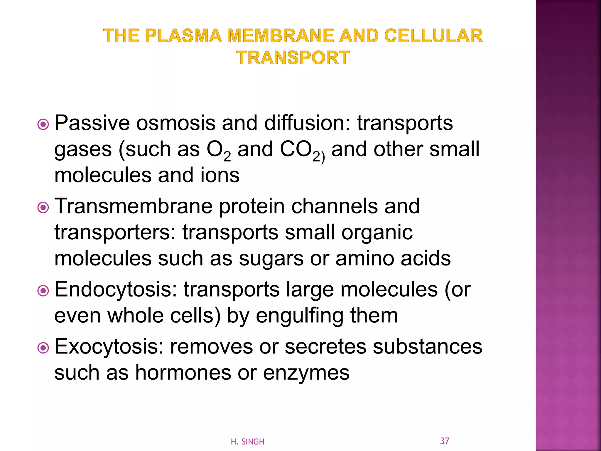  Passive osmosis and diffusion: transports
gases (such as O2 and CO2) and other small
molecules and ions
 Transmembrane protein channels and
transporters: transports small organic
molecules such as sugars or amino acids
 Endocytosis: transports large molecules (or
even whole cells) by engulfing them
 Exocytosis: removes or secretes substances
such as hormones or enzymes
37H. SINGH
 