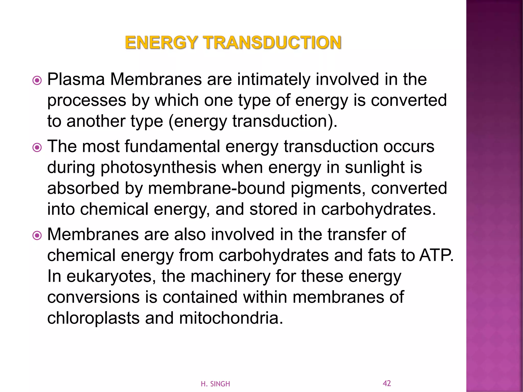  Plasma Membranes are intimately involved in the
processes by which one type of energy is converted
to another type (energy transduction).
 The most fundamental energy transduction occurs
during photosynthesis when energy in sunlight is
absorbed by membrane-bound pigments, converted
into chemical energy, and stored in carbohydrates.
 Membranes are also involved in the transfer of
chemical energy from carbohydrates and fats to ATP.
In eukaryotes, the machinery for these energy
conversions is contained within membranes of
chloroplasts and mitochondria.
42H. SINGH
 